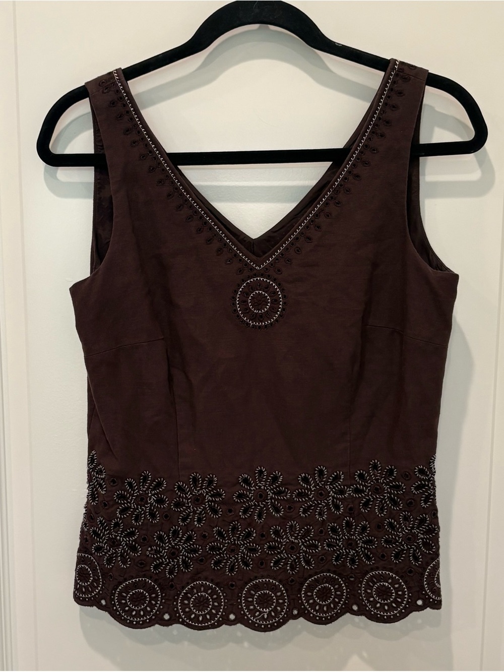 Vintage Boho Brown Linen Embellished Eyelet Tank Top - Size 4 EUC